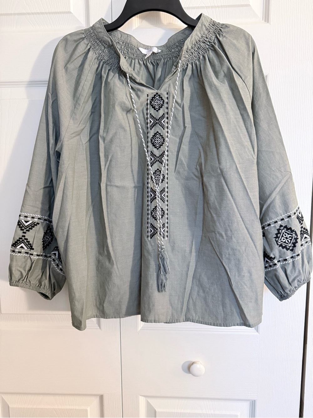 Time and Tru Sage Green Embroidered Peasant Top